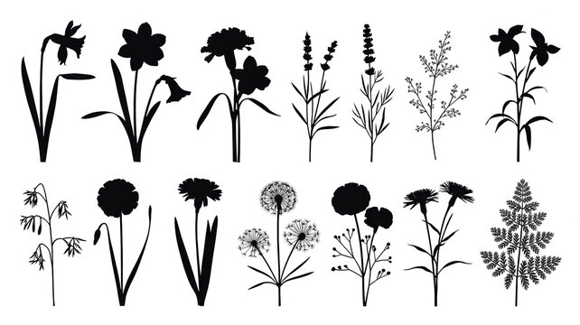 A clean, minimalist vector illustration featuring a collection of various botanical silhouettes, presented in a uniform, solid black fill against a stark white background.  - Powered by Adobe