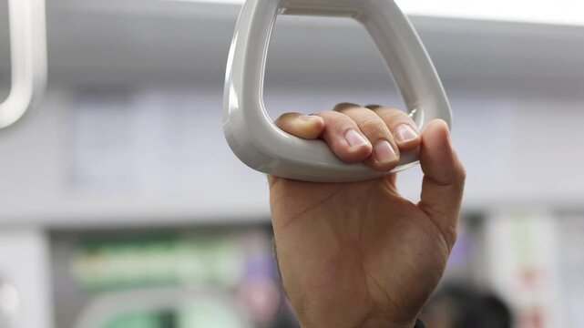 Hand securely holds grab handle in subway. Safety feature ensures stability during transit. Passengers rely overhead straps, vertical poles maintaining balance moving train. Subway priority safety