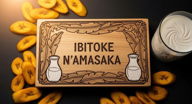 Ibitoke n&rsquo;Amasaka &ndash; Burundian Plantains with Milk | Umusizi Wood Plaque, Banana Leaf & Milk Swirl Motifs | Comforting Balanced Food Photography