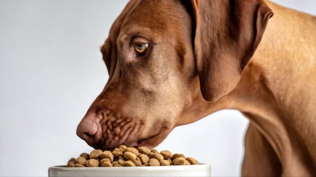 Dog approaches food bowl filled with kibble, showcasing focused expression and texture of food, camera zooms in to capture details of the scene