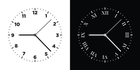 Vintage and modern clock faces Roman numerals and retro hands. clock dial with hours, minutes, and seconds hands.