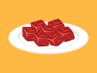 Fresh diced beef cubes meat on white plate clipart icon food ingredient vector illustration