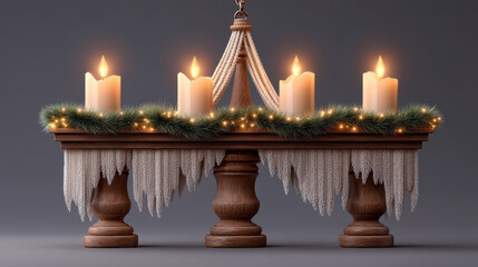 Warm farmhouse Christmas decor with glowing candles and green garland on wooden table in 3d illustrator style creating cozy festive mood