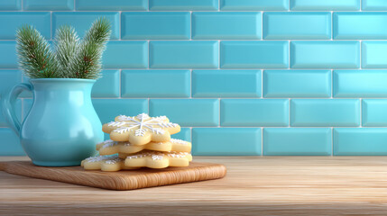 Farmhouse kitchen with Christmas decor featuring 3d snowflake cookies on wooden board and pine branches in blue pitcher by blue tile wall