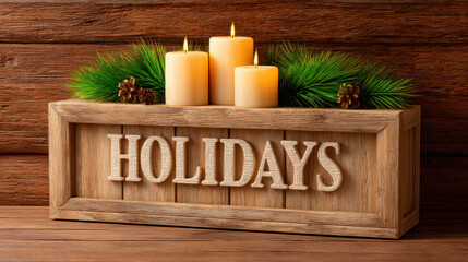 Warm farmhouse Christmas decor with 3d wooden holidays sign and burning candles creating cozy festive illustrator style atmosphere