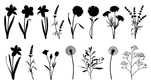 A high-contrast, minimalist graphic illustration featuring a collection of botanical silhouettes and line art elements, arranged in two horizontal rows against a stark white background. 