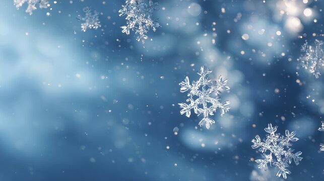 Bright glowing snowflakes gently falling over a saturated sky-blue background, luminous winter light