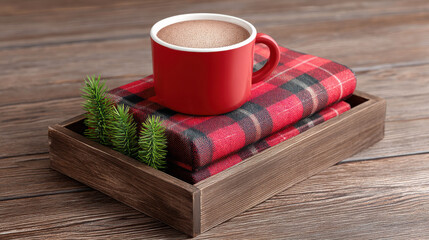 Cozy farmhouse Christmas decor with red cup of hot chocolate on plaid fabric and small pine branches in wooden tray 3d illustrator style