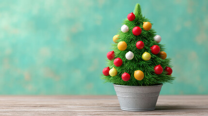 Miniature farmhouse Christmas tree decor with colorful baubles in 3d style illustration on wooden table for festive joy