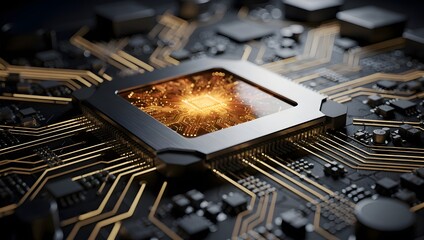 Explosive golden energy inside microchip core, futuristic processor technology, glowing circuit board electronics, advanced hardware design and digital engineering background