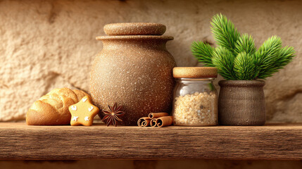 Farmhouse Christmas decor with 3d illustrator style features rustic jars, pine branches, cinnamon sticks, and festive cookies on wooden shelf