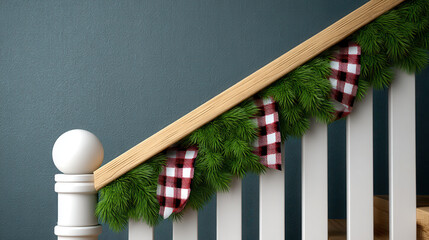 Farmhouse style Christmas decor with green pine garland and red checkered ribbon on wooden staircase railing in 3d illustrator design