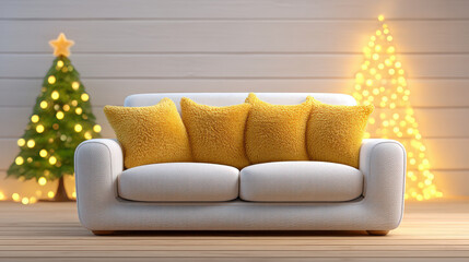 Cozy farmhouse living room with Christmas decor featuring white sofa and yellow pillows in 3d illustrator style glowing warmly
