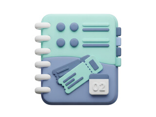 3d icon of a travel planner notebook with tickets and a small calendar date icon, representing vacation booking and itinerary organization, isolated on transparent background