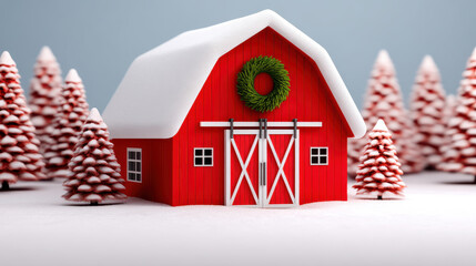 Farmhouse decorated with Christmas wreath in snow surrounded by pine trees in 3d illustrator style creating festive winter scene
