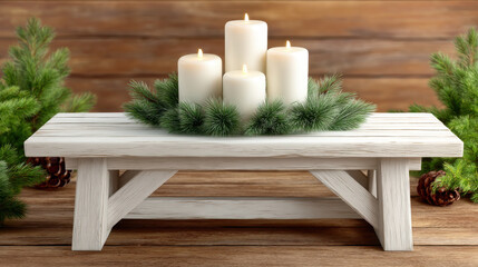 White farmhouse table decorated with Christmas candles and green pine branches creating warm cozy decor in 3d illustrator style for festive season