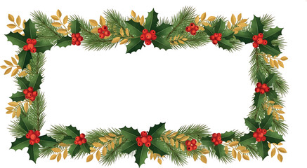 Festive Christmas Holiday Border Frame Illustration with Green Fir Branches, Vibrant Red Holly Berries, and Golden Foliage for Seasonal Greetings and Decorations