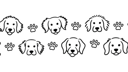 A seamless pattern of cartoon dog faces and paw prints in black and white on a white background design