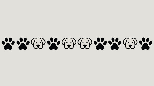 A repeating pattern of black dog paw prints and dog head outlines on a light gray background