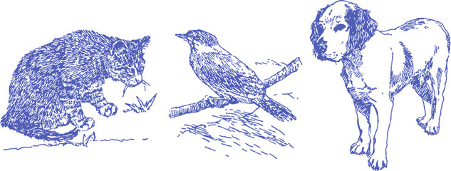 A cat is sitting on a branch. A dog is standing. vector illustration