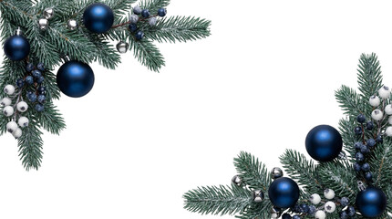 Blue Christmas corner garland with pine branches, berries, and baubles isolated on transparent background