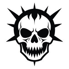 Isolated stylized skull encircled by spikes in black and white creates a menacing graphic