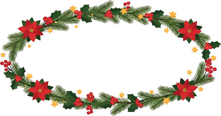Festive oval Christmas wreath frame with red poinsettia flowers, holly berries, and golden stars for holiday invitations or greetings