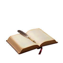 Vintage Open Book with Quill Pen on Top