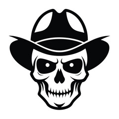 Skull with cowboy hat in black looks menacing, with stark line art