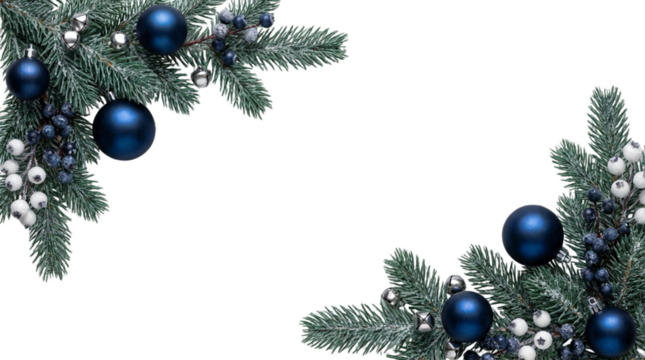 Blue Christmas corner garland with pine branches, berries, and baubles isolated on transparent background