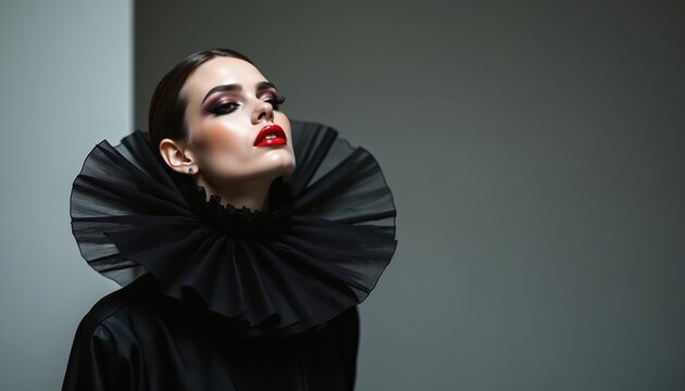 Elegant woman poses in studio with bold makeup. Female model has stylish ruff collar and red lipstick. Glamour portrait of lady. Concept of avant-garde fashion and gothic trend. - Powered by Adobe