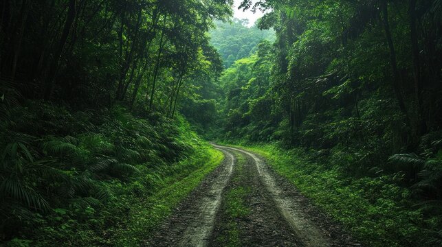 Lush tropical forest pathway, a journey into nature's embrace exploration