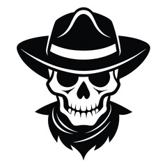 A skull wearing a cowboy hat and bandana creates a menacing monochrome silhouette vector