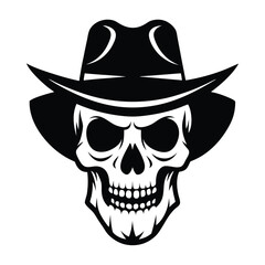 Skull adorned with a cowboy hat emits an aura of wild west mystery in black
