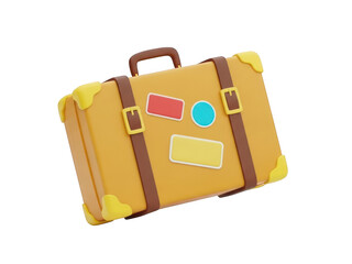 Cute 3d rendering of a vintage yellow travel suitcase with brown straps and colorful sticker decals, isolated on transparent background