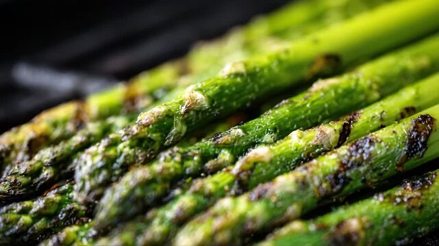 Grilled asparagus spears, showcasing vibrant green hues and charred textures, captured in a dynamic zoom sequence highlighting culinary artistry and freshness