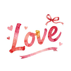 Watercolor Love Text with Hearts and Ribbon