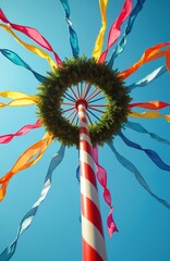 Colorful maypole decorated with fresh green wreath stands tall against clear blue sky. Bright silk ribbons wave in wind. Festive traditional pole celebrates springtime, May Day holiday, European