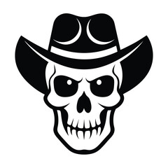Grim skull wearing a cowboy hat displays an ominous monochrome silhouette in a striking design