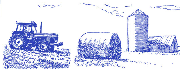 A tractor is driving down a field. A barn is in the background. A grain silo is in the foreground. vector illustration