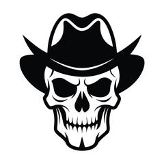 Monochrome skull wears a cowboy hat and is depicted with sharp angles