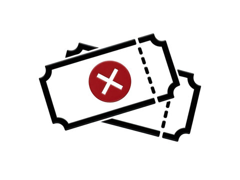 Two stylized tickets with a red circle containing a white cross symbol, representing cancellation or rejection, isolated on transparent background