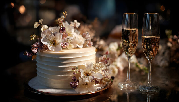 Enchanting white cake crowned with delicate blooms beside bubbly in shadowy elegance