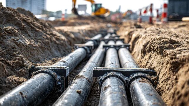 Construction site featuring black pipes laid in a trench, with heavy machinery in the background, showcasing the excavation process, camera follows the action