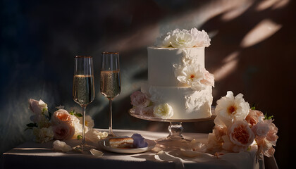 Enchanting white cake crowned with delicate blooms beside bubbly in shadowy elegance