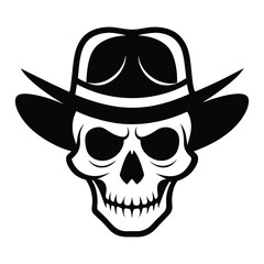 Skeleton head wears a black cowboy hat; the simple monochrome creates an emblem