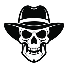 Skull illustration wearing a stylish hat shows spooky black and white design is presented
