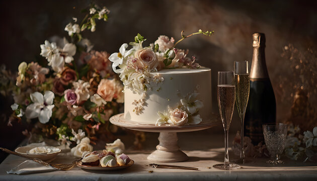Enchanting white cake crowned with delicate blooms beside bubbly in shadowy elegance