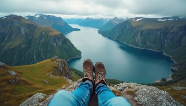 Person wearing hiking boots rests on a cliff edge overlooking a vast fjord landscape. Green mountains with snowy peaks surround calm blue water under a cloudy sky.