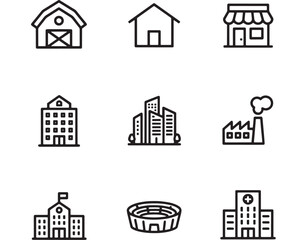 Fototapeta premium a collection of nine simple line art building icons including a barn houses a factory and a stadium on transparent background silhouette high quality professional detailed
